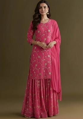 Pink Sequin Crepe Sharara Set