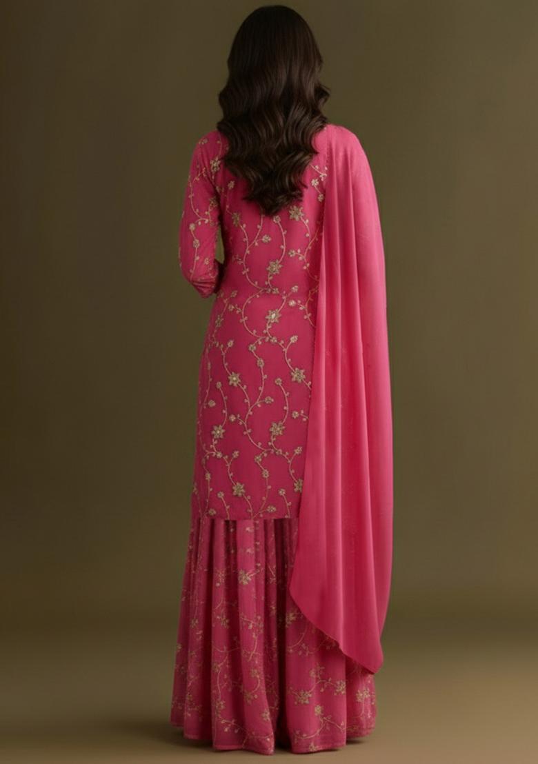 Pink Sequin Crepe Sharara Set - Indya