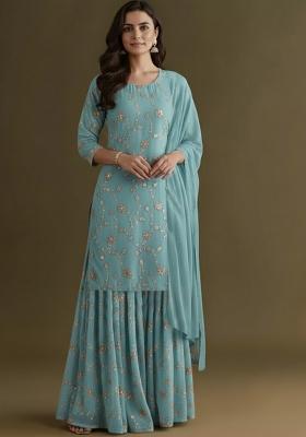Powder Blue Sequin Crepe Sharara Set