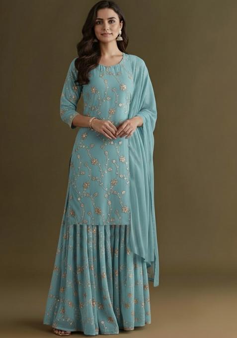 Powder Blue Sequin Crepe Sharara Set