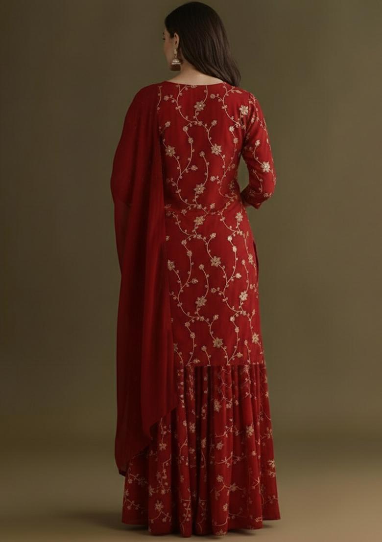 Maroon Sequin Crepe Sharara Set - Indya