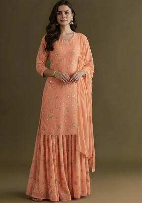Peach Sequin Crepe Sharara Set