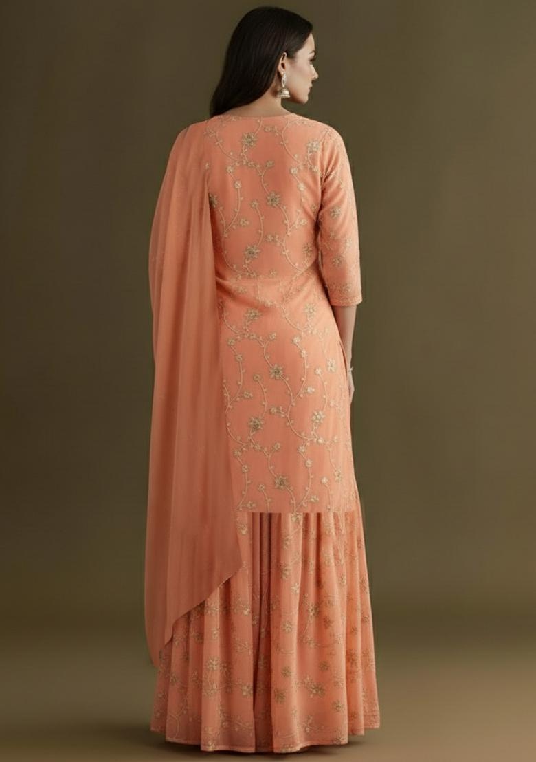 Peach Sequin Crepe Sharara Set - Indya