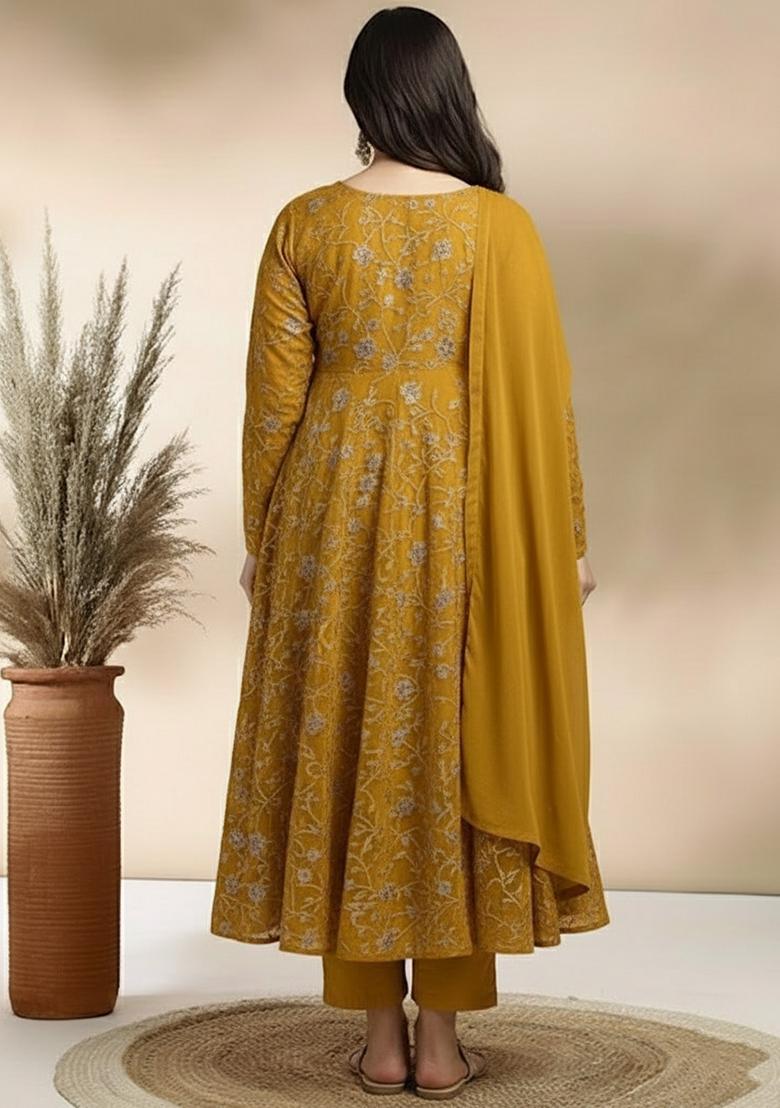 Mustard Sequin Crepe Anarkali Set - Indya