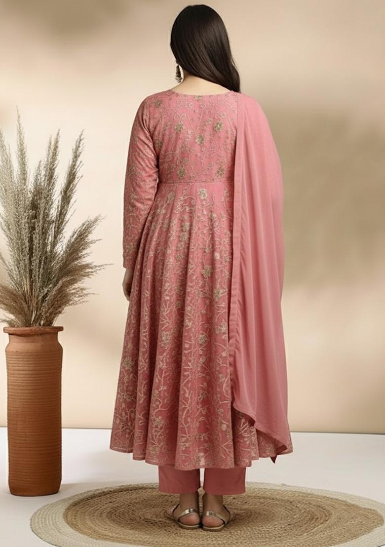 Mauve Sequin Crepe Anarkali Set - Indya