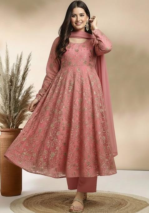Mauve Sequin Crepe Anarkali Set