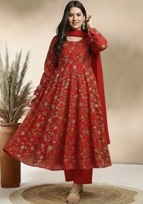 Deep Red Sequin Crepe Anarkali Set