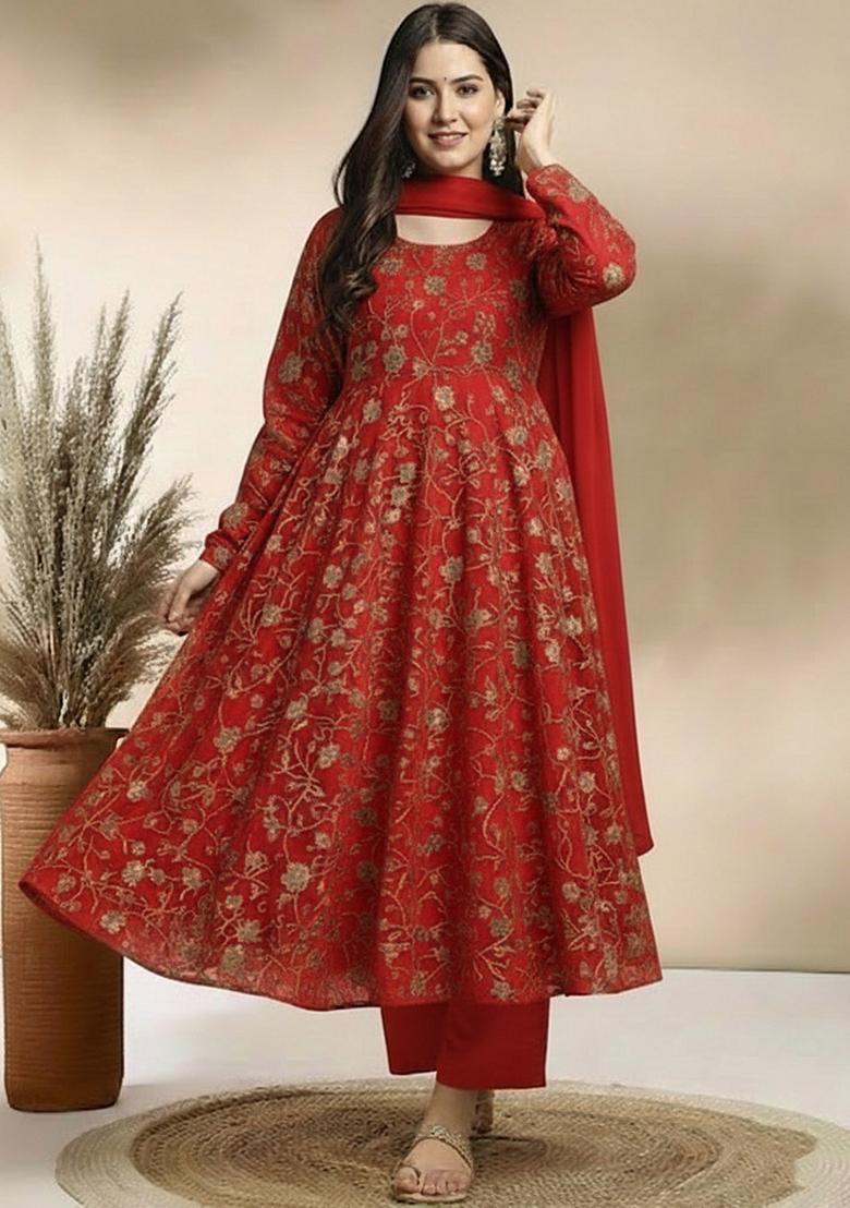 Deep Red Sequin Crepe Anarkali Set - Indya