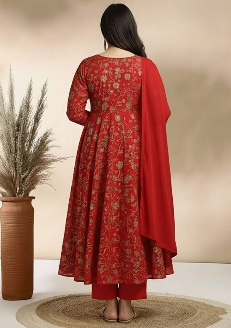 Deep Red Sequin Crepe Anarkali Set - Indya