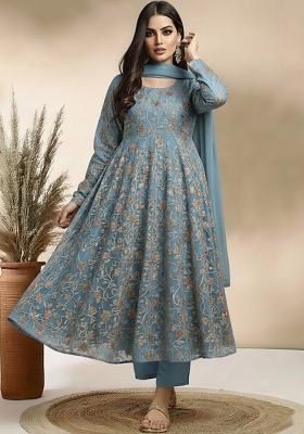 Ice Blue Sequin Crepe Anarkali Set