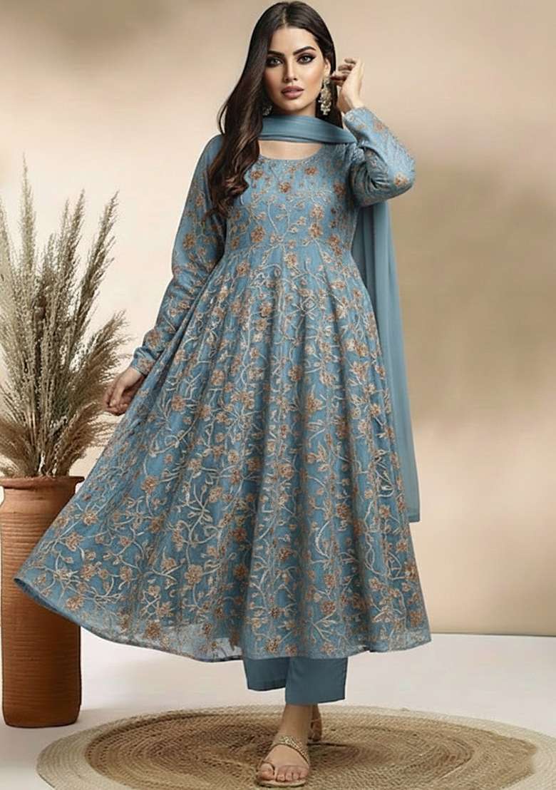Ice Blue Sequin Crepe Anarkali Set - Indya