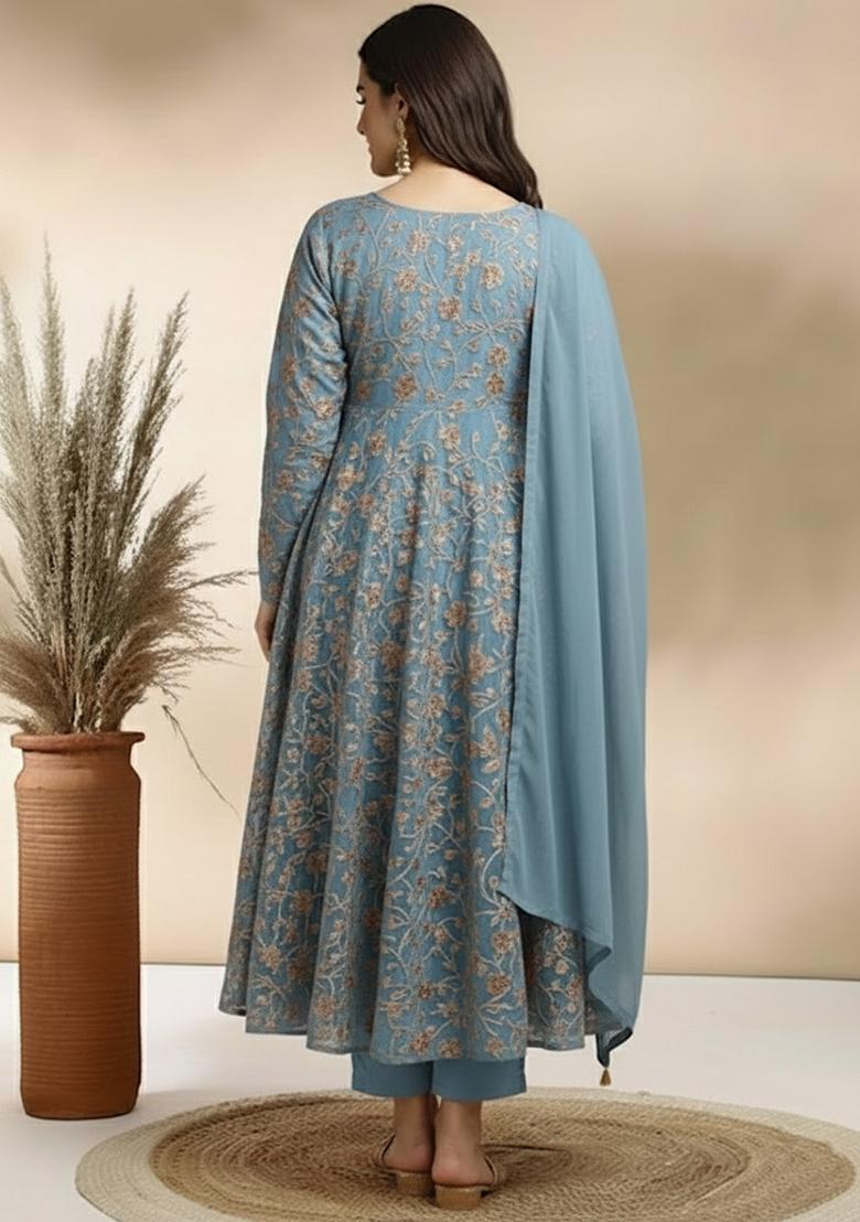 Ice Blue Sequin Crepe Anarkali Set - Indya