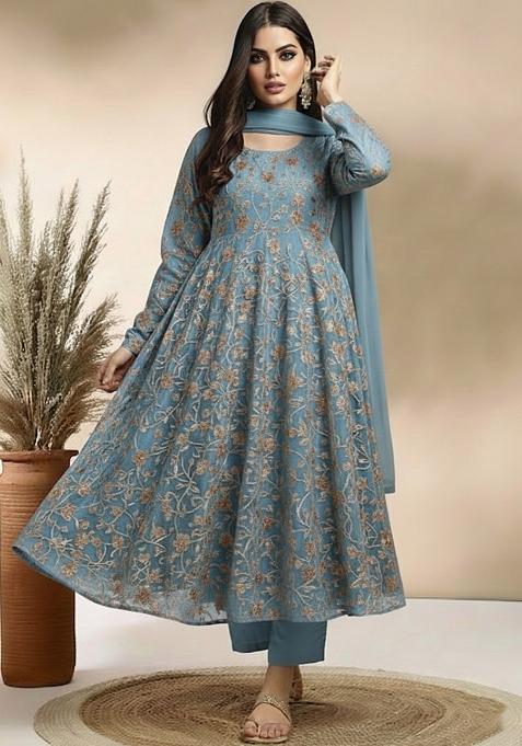 Ice Blue Sequin Crepe Anarkali Set