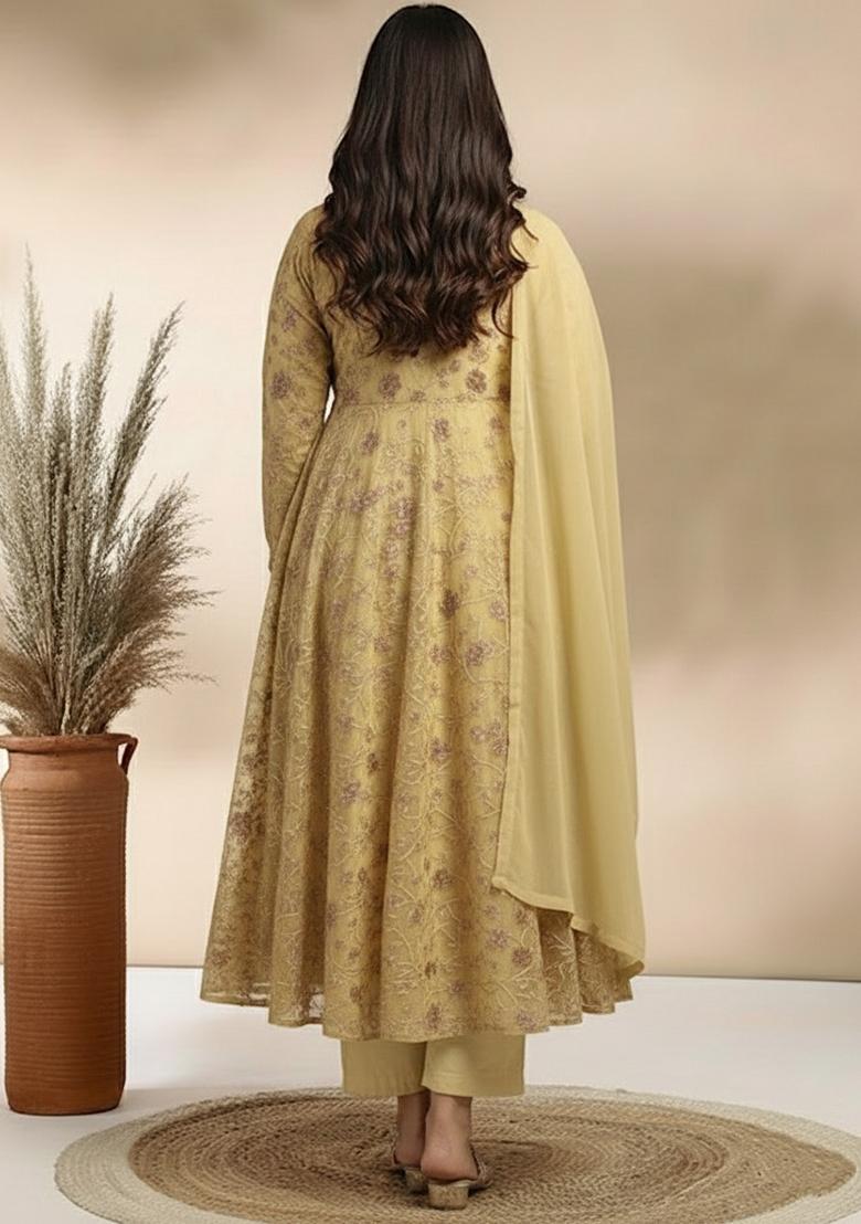Yellow Sequin Crepe Anarkali Set - Indya