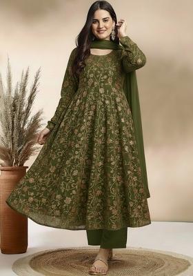 Olive Green Sequin Crepe Anarkali Set