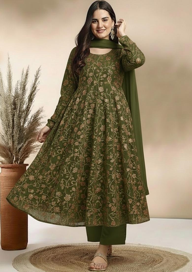 Olive Green Sequin Crepe Anarkali Set - Indya