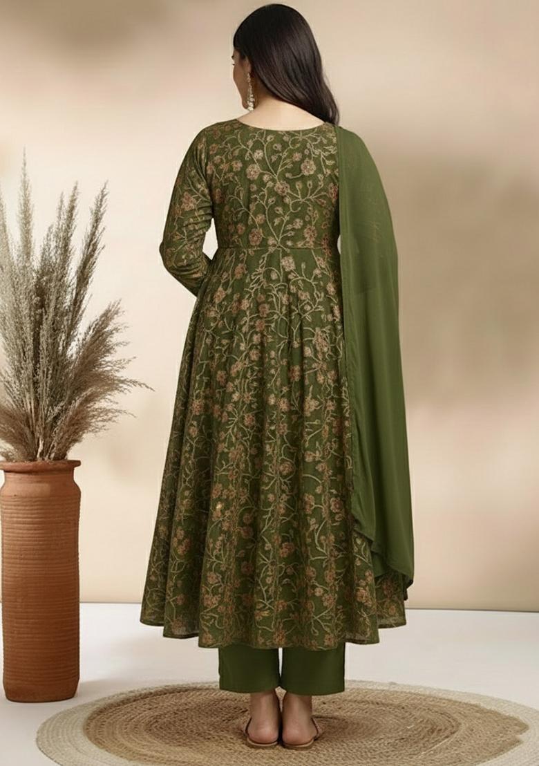 Olive Green Sequin Crepe Anarkali Set - Indya