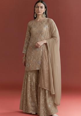 Beige Embroidered Georgette Sharara Set
