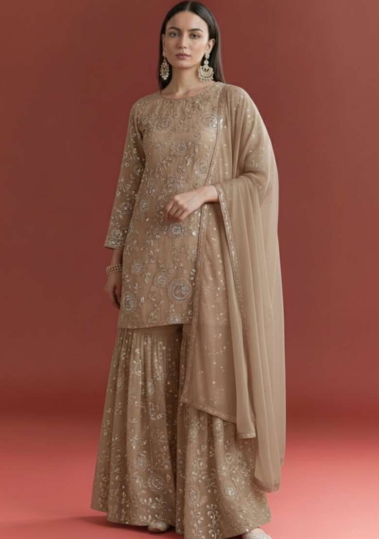 Beige Embroidered Georgette Sharara Set - Indya