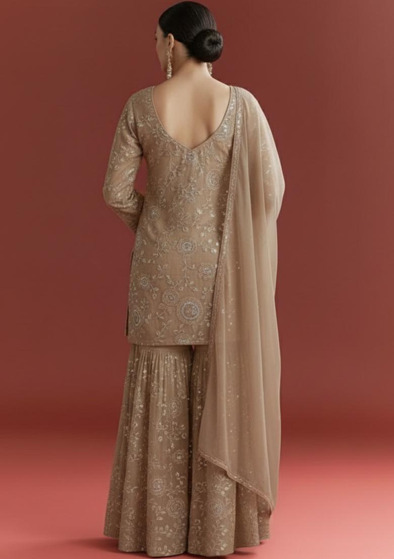 Beige Embroidered Georgette Sharara Set - Indya