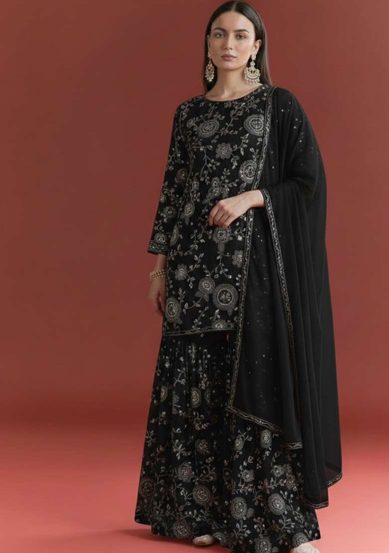 Black Embroidered Georgette Sharara Set - Indya