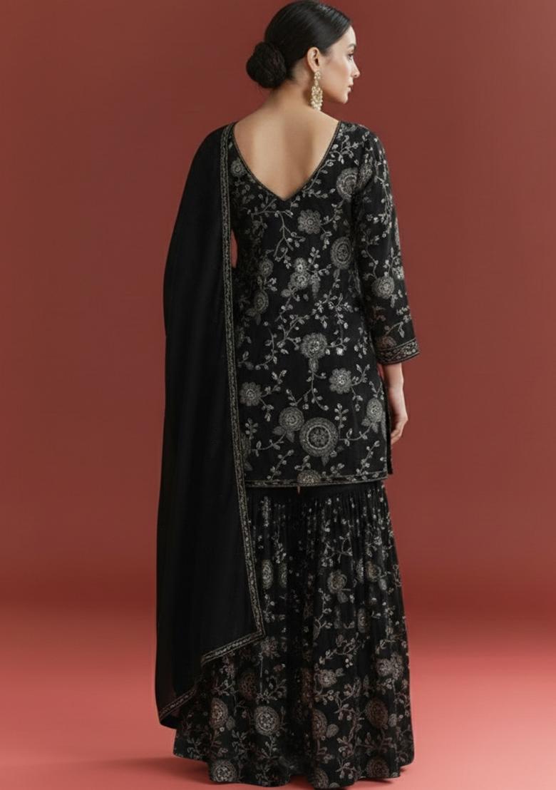 Black Embroidered Georgette Sharara Set - Indya