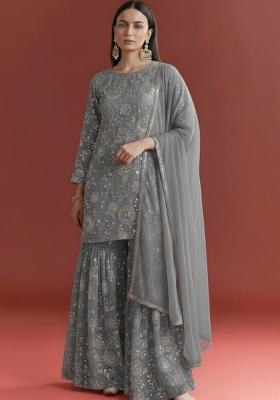 Grey Embroidered Georgette Sharara Set
