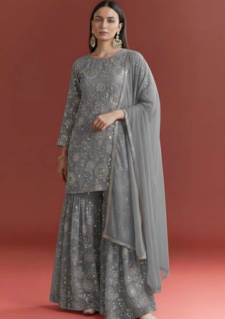 Grey Embroidered Georgette Sharara Set - Indya