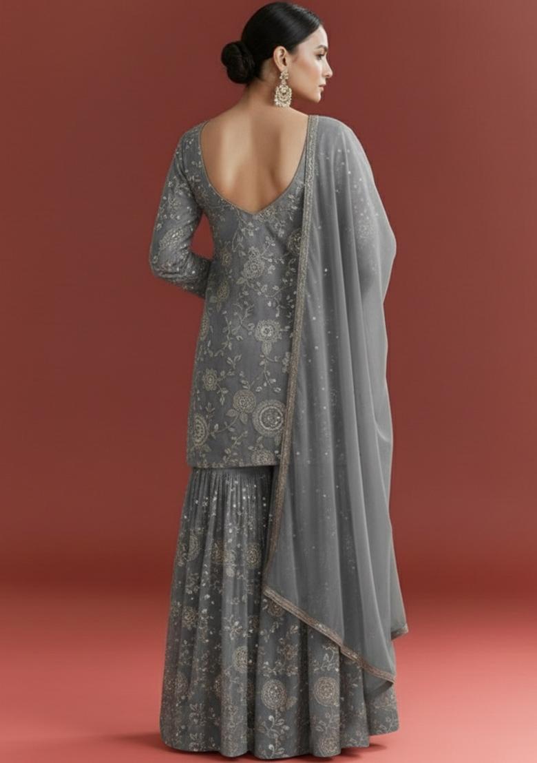Grey Embroidered Georgette Sharara Set - Indya