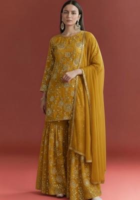 Mustard Embroidered Georgette Sharara Set