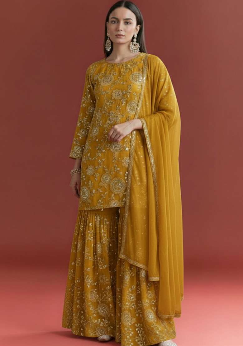 Mustard Embroidered Georgette Sharara Set - Indya
