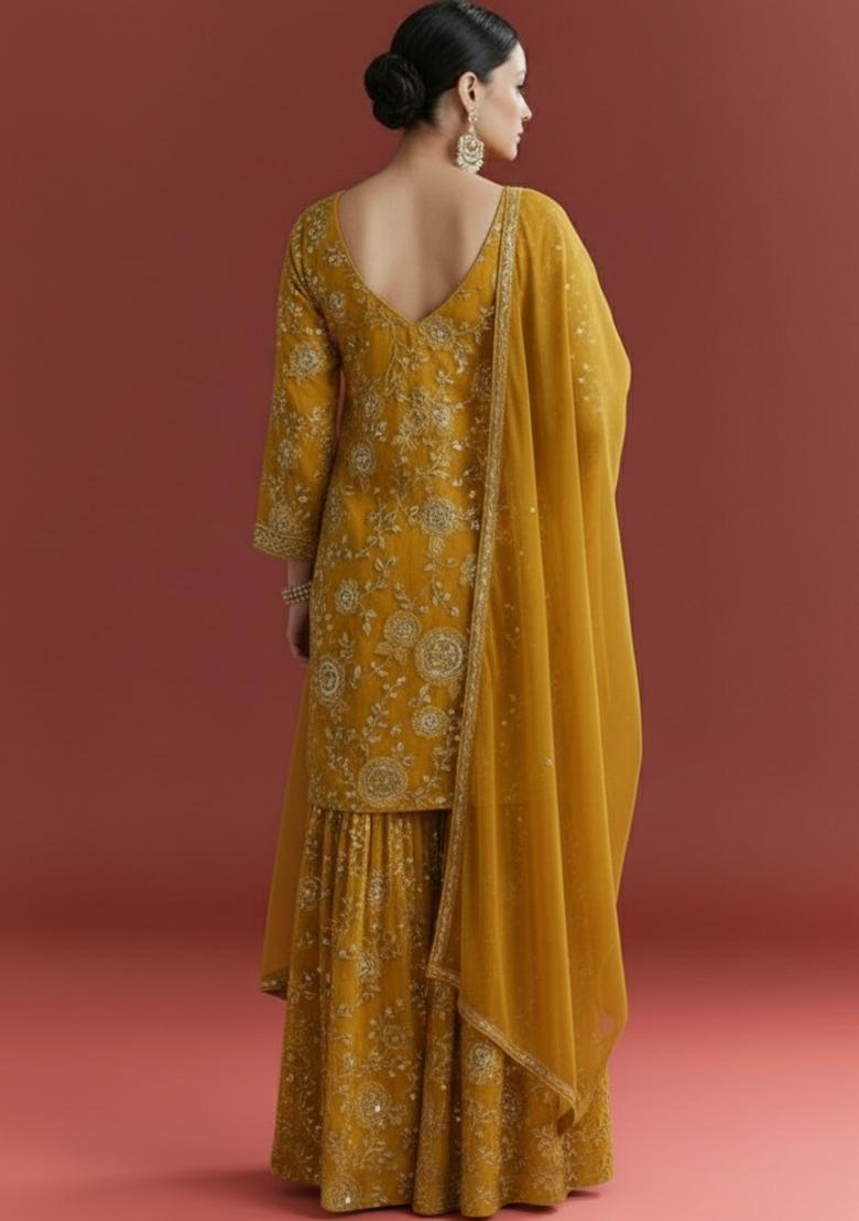 Mustard Embroidered Georgette Sharara Set - Indya