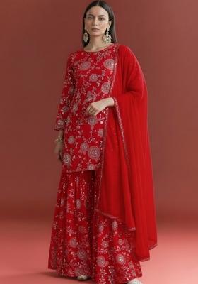 Red Embroidered Georgette Sharara Set