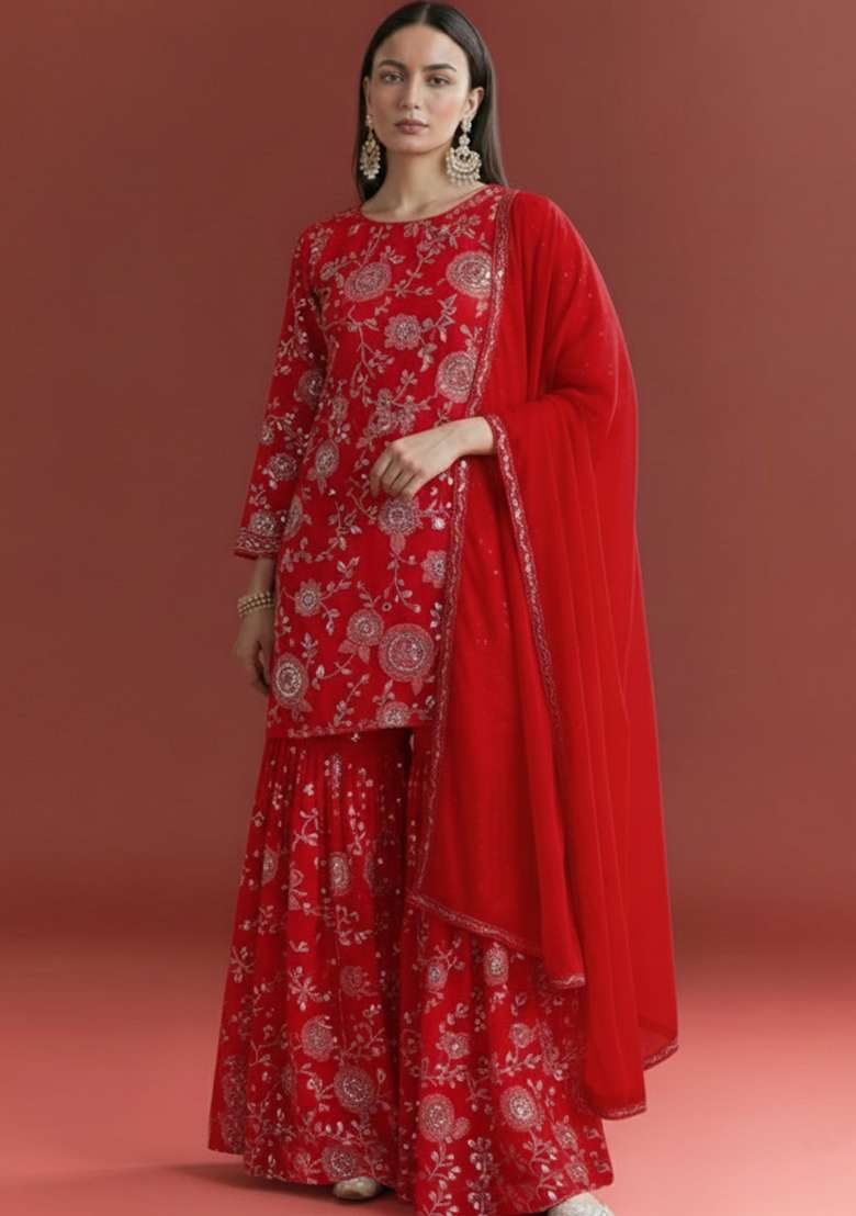Red Embroidered Georgette Sharara Set - Indya