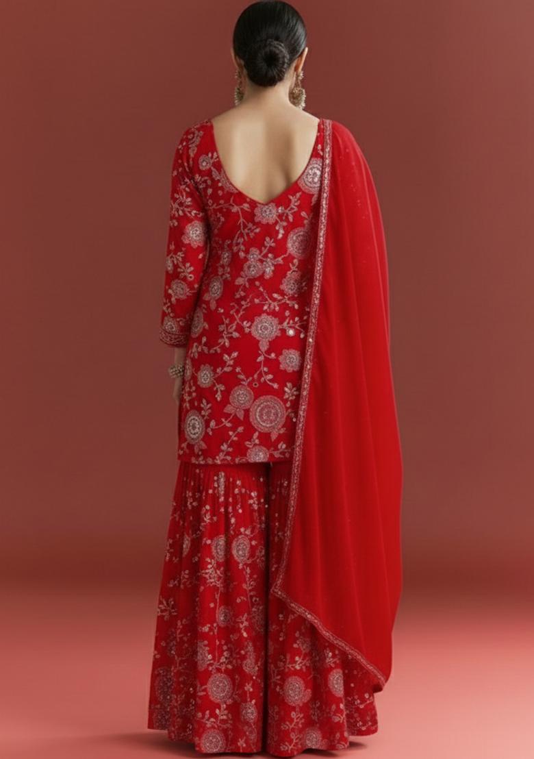 Red Embroidered Georgette Sharara Set - Indya
