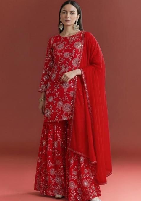 Red Embroidered Georgette Sharara Set