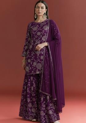 Purple Embroidered Georgette Sharara Set