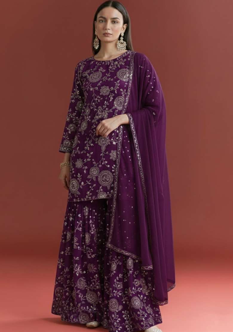 Purple Embroidered Georgette Sharara Set - Indya