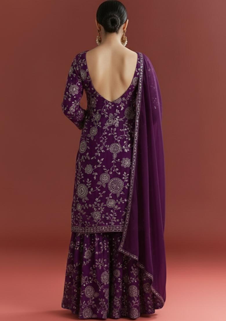 Purple Embroidered Georgette Sharara Set - Indya