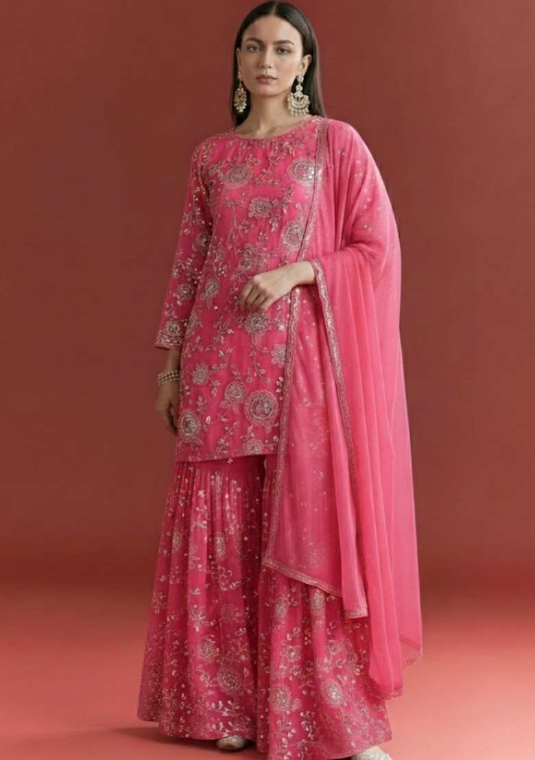 Pink Embroidered Georgette Sharara Set - Indya