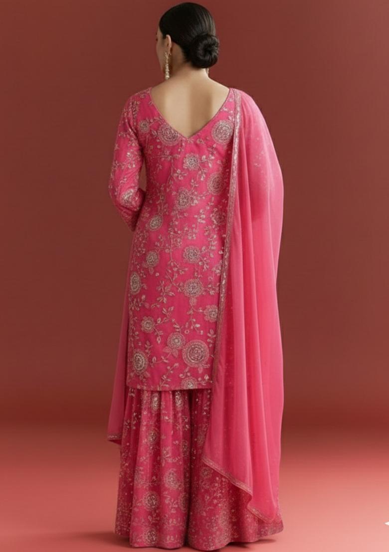 Pink Embroidered Georgette Sharara Set - Indya