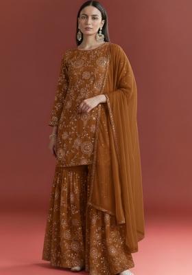 Brown Embroidered Georgette Sharara Set