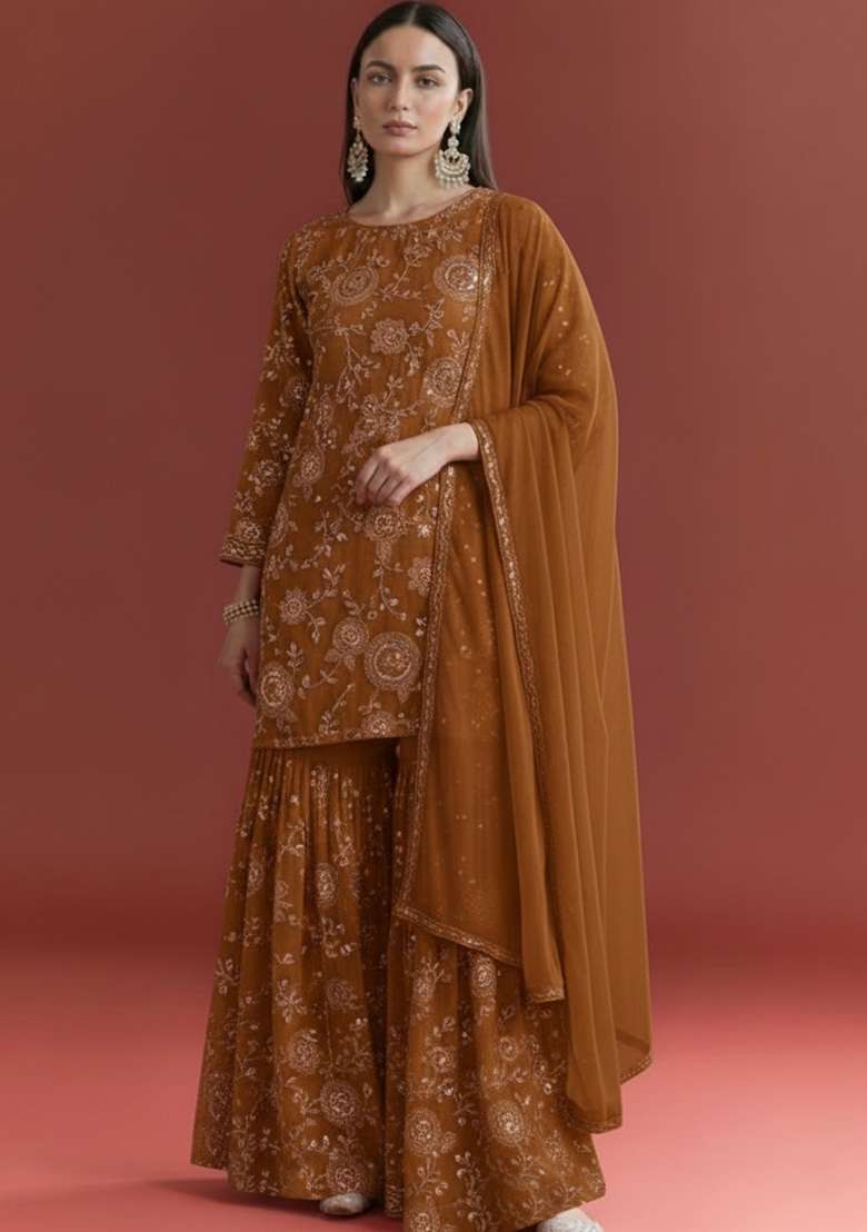 Brown Embroidered Georgette Sharara Set - Indya