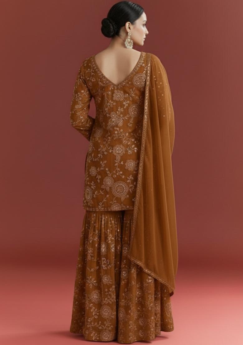 Brown Embroidered Georgette Sharara Set - Indya