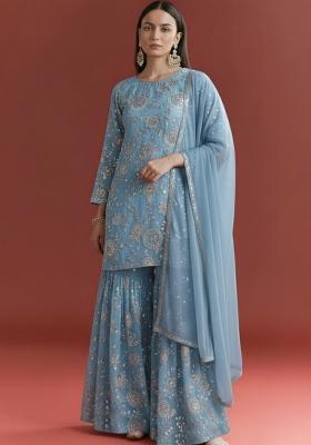 Powder Blue Embroidered Georgette Sharara Set