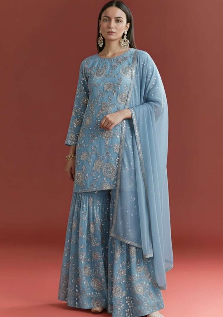 Powder Blue Embroidered Georgette Sharara Set - Indya