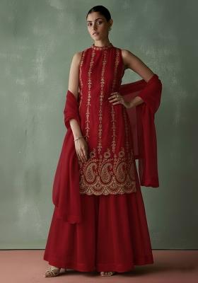 Deep Red Embroidered Georgette Sharara Set