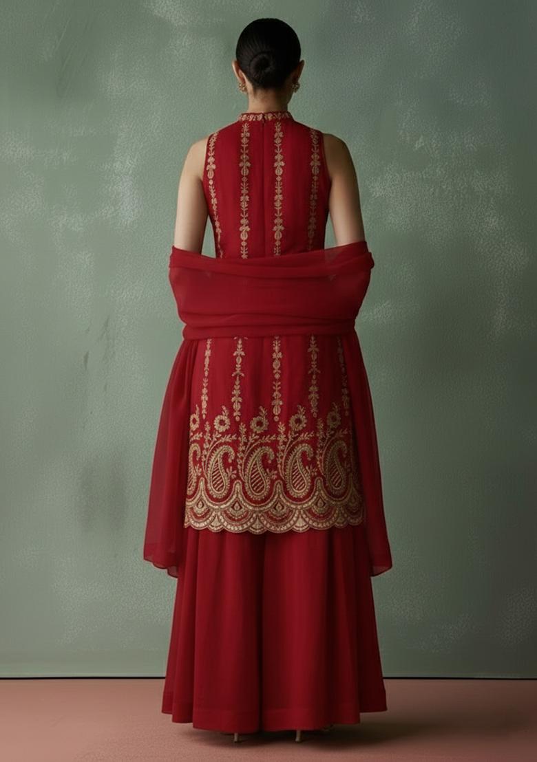 Deep Red Embroidered Georgette Sharara Set - Indya