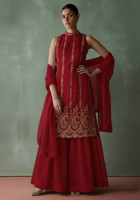 Deep Red Embroidered Georgette Sharara Set
