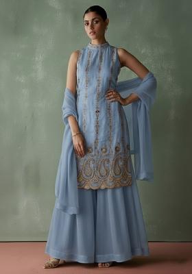 Ice Blue Embroidered Georgette Sharara Set